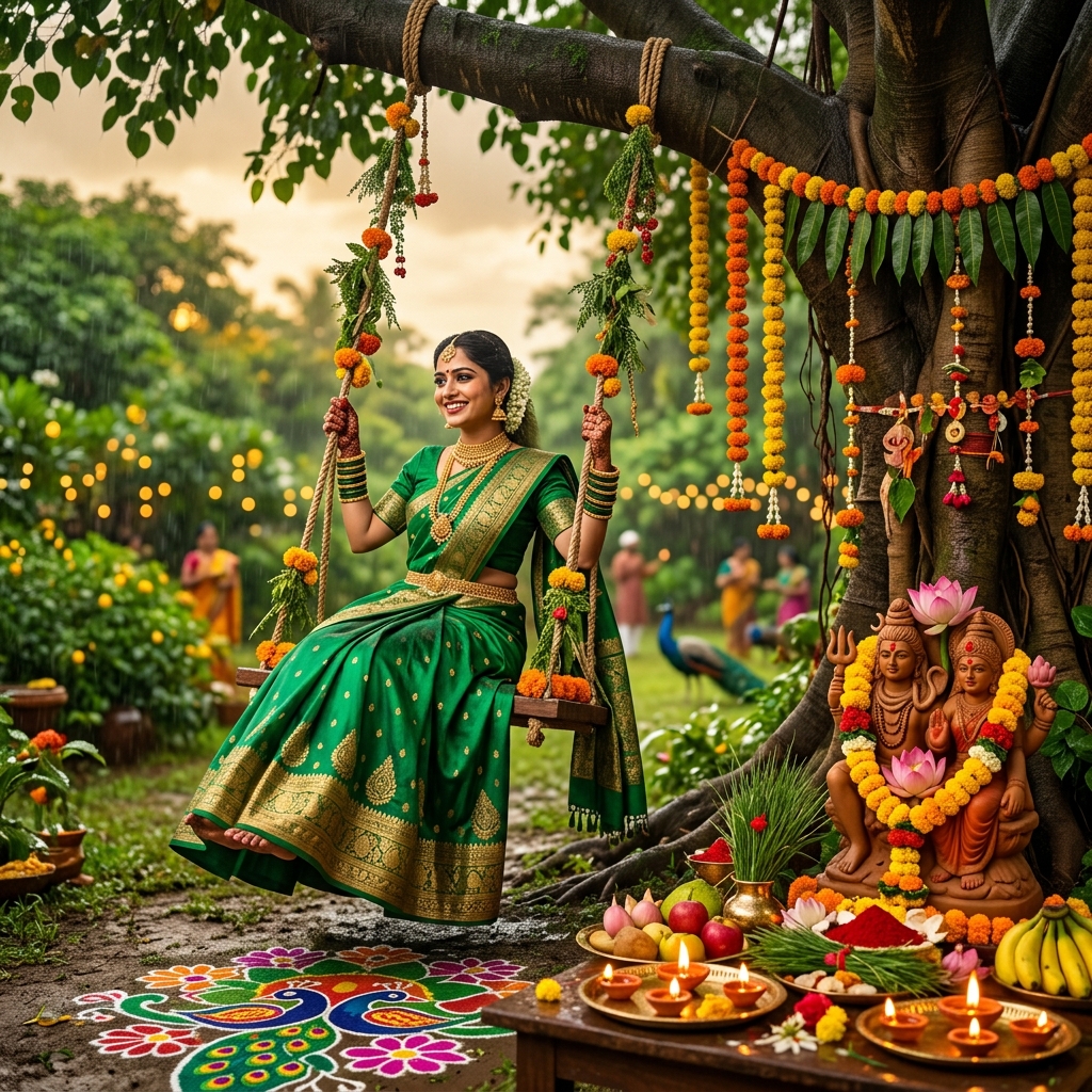 Hariyali Teej 2026 — A woman in vibrant green silk on a decorated jhula swing under a monsoon-lush tree, with Parvati-Shiva idol, jasmine garlands, marigolds, lit diyas, and peacock rangoli