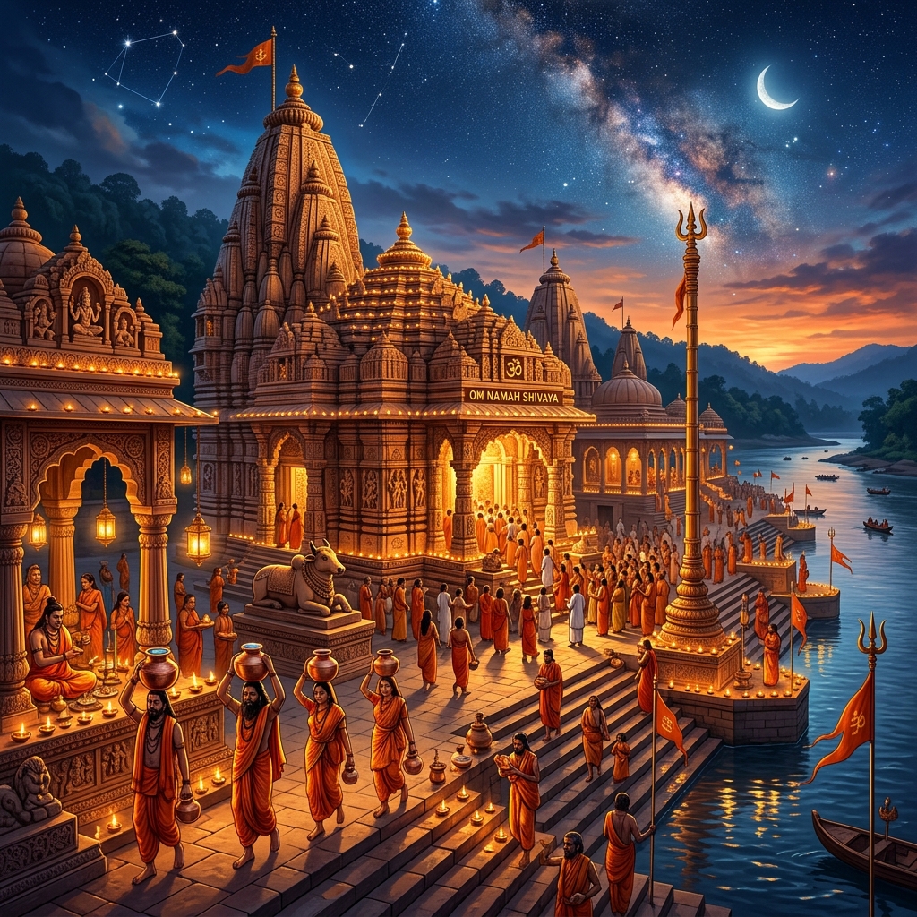 Sacred Jyotirlinga Shiva Temple Illuminated at Night During Sawan