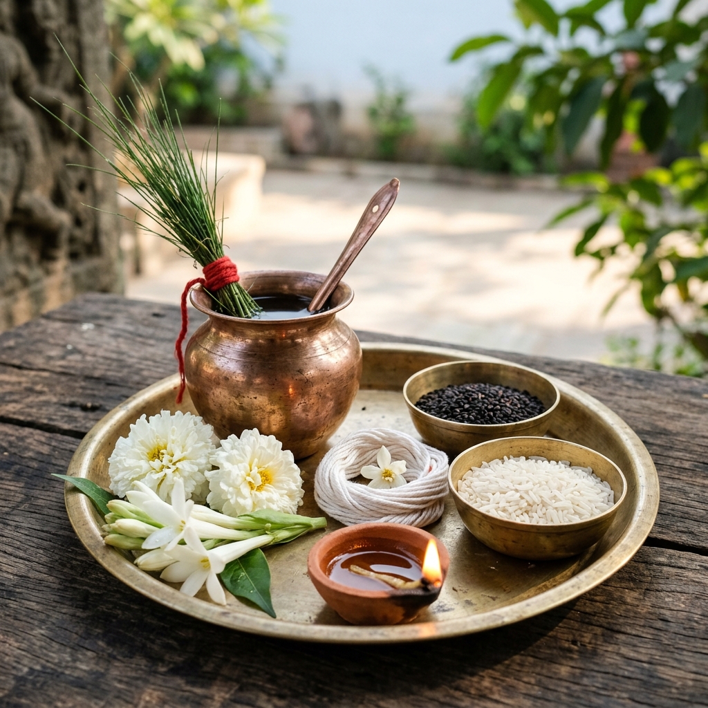 Mahalaya Tarpan samagri — copper lota with darbha grass, kala til, white flowers, clay lamp, rice grains and sacred thread on a brass thali