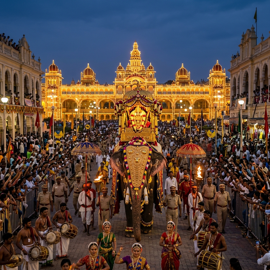 Grand Mysuru Dasara festival procession in Karnataka showing golden howdah elephant and illuminated palace