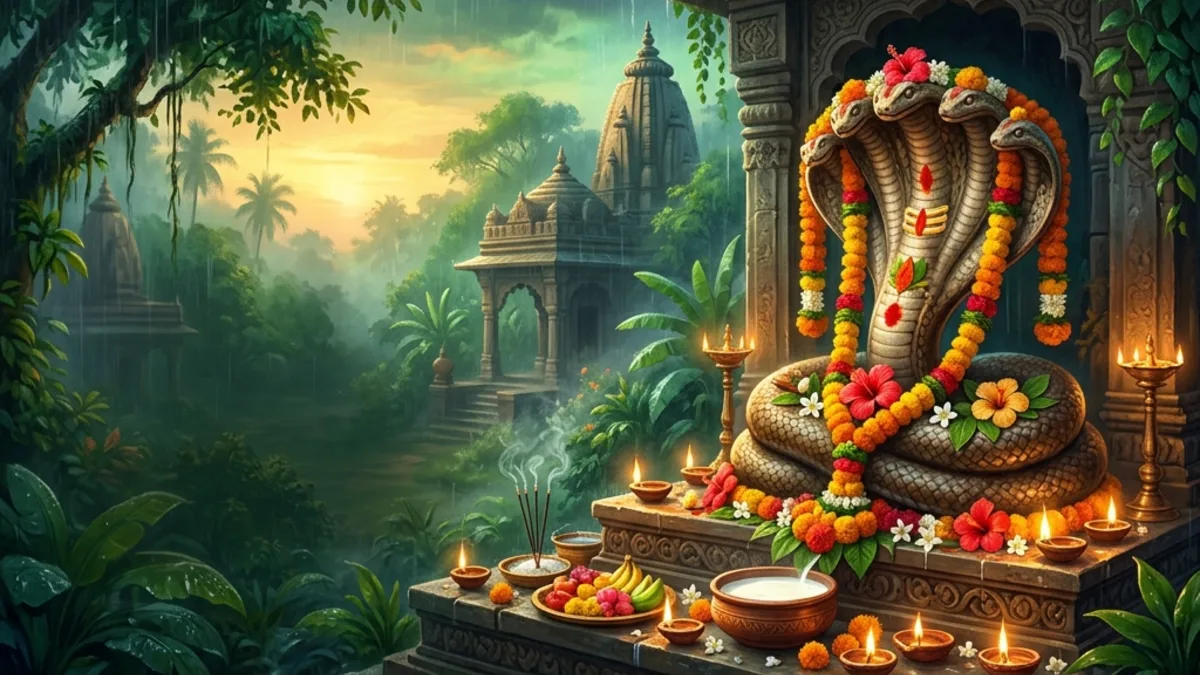 Nag Panchami 2026 — A five-hooded serpent deity (Nag Devta) idol adorned with saffron marigold garlands, red hibiscus flowers, and glowing ghee diyas on an ancient stone altar, surrounded by lush monsoon greenery and misty Hindu temple spires at dawn