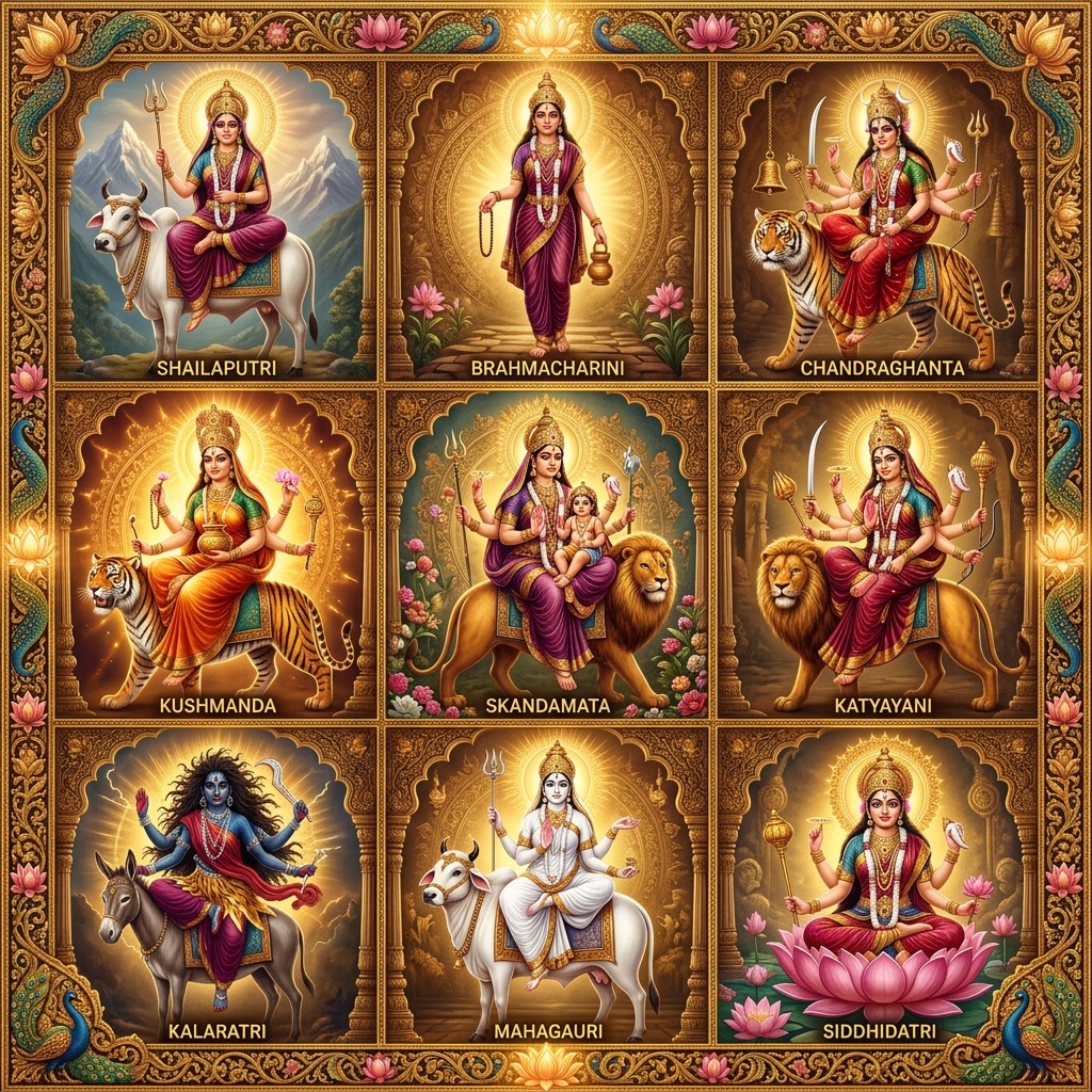 The nine divine forms of Navdurga — Shailaputri, Brahmacharini, Chandraghanta, Kushmanda, Skandamata, Katyayani, Kalaratri, Mahagauri, Siddhidatri