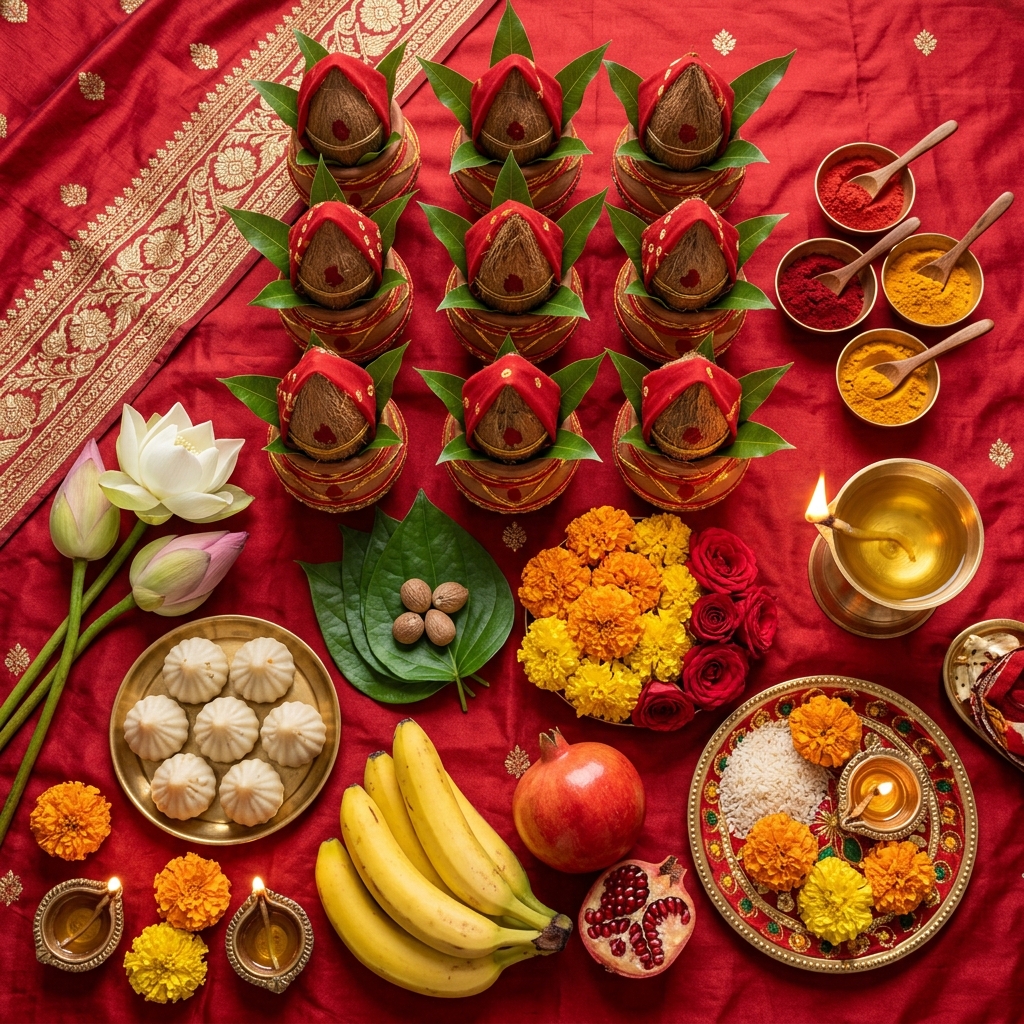 Vidyarambham setup — wooden plate with raw white rice, gold coins and sweet payasam